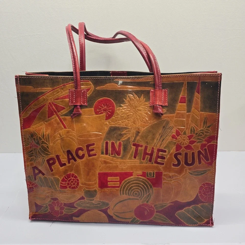 A Place In The Sun Genuine‎ Leather Embossed Tote Bag Red Brown Made in India